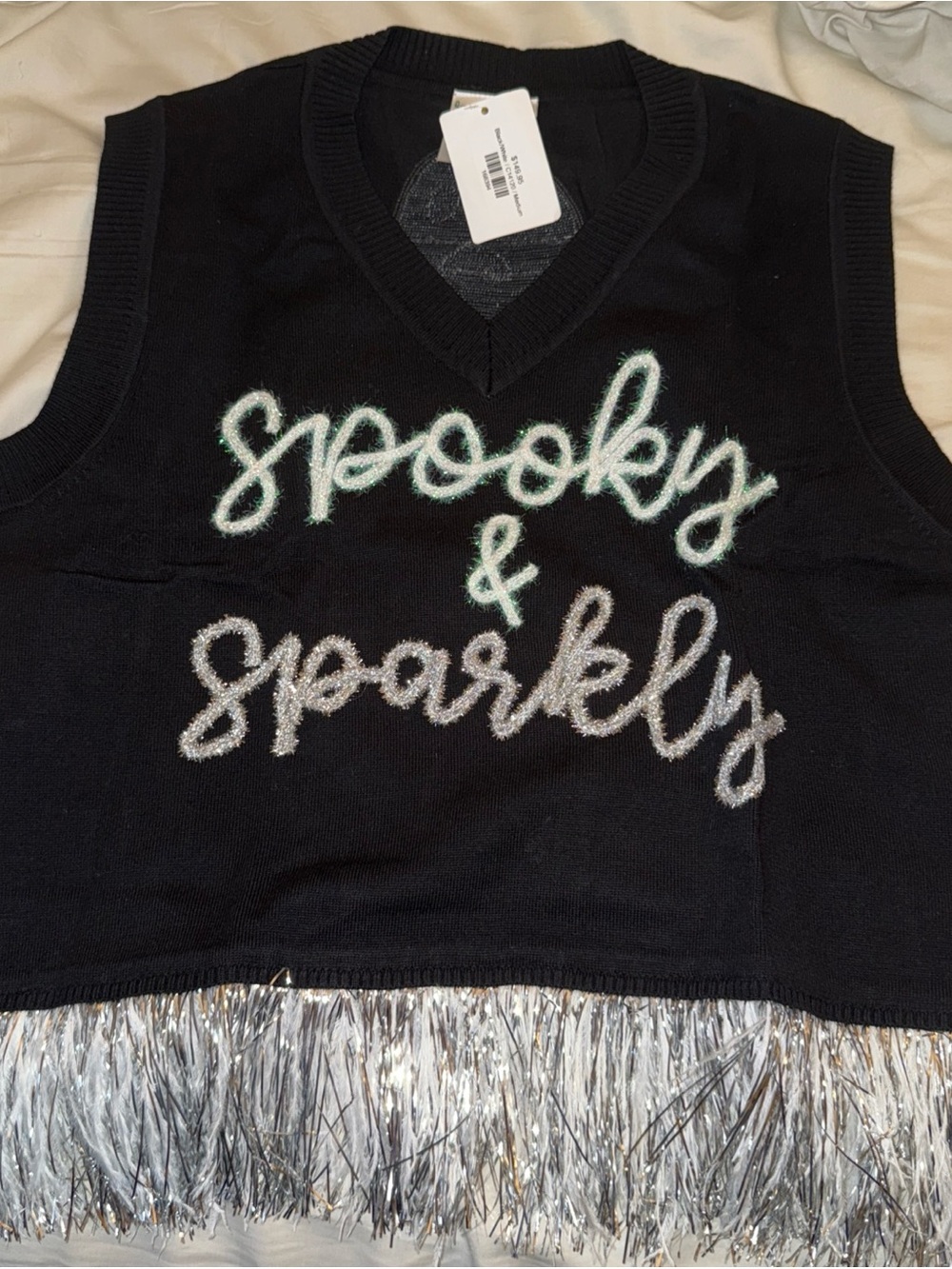 QUEEN OF SPARKLES Black Sweater Vest with Silver & Mint Script and Fringe